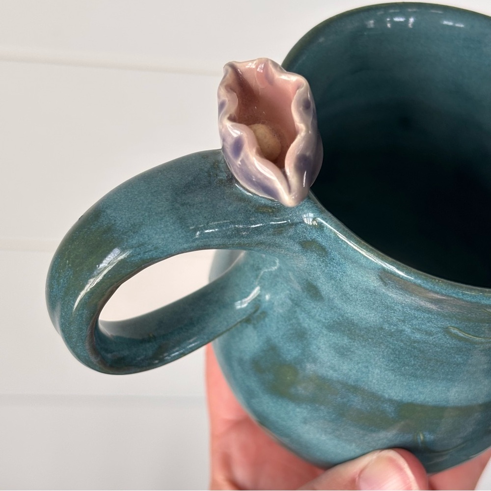 Handmade Teal Ocean Waves Ceramic Mug with Oyster and pearl Accent On Handle - Picture 2 of 11